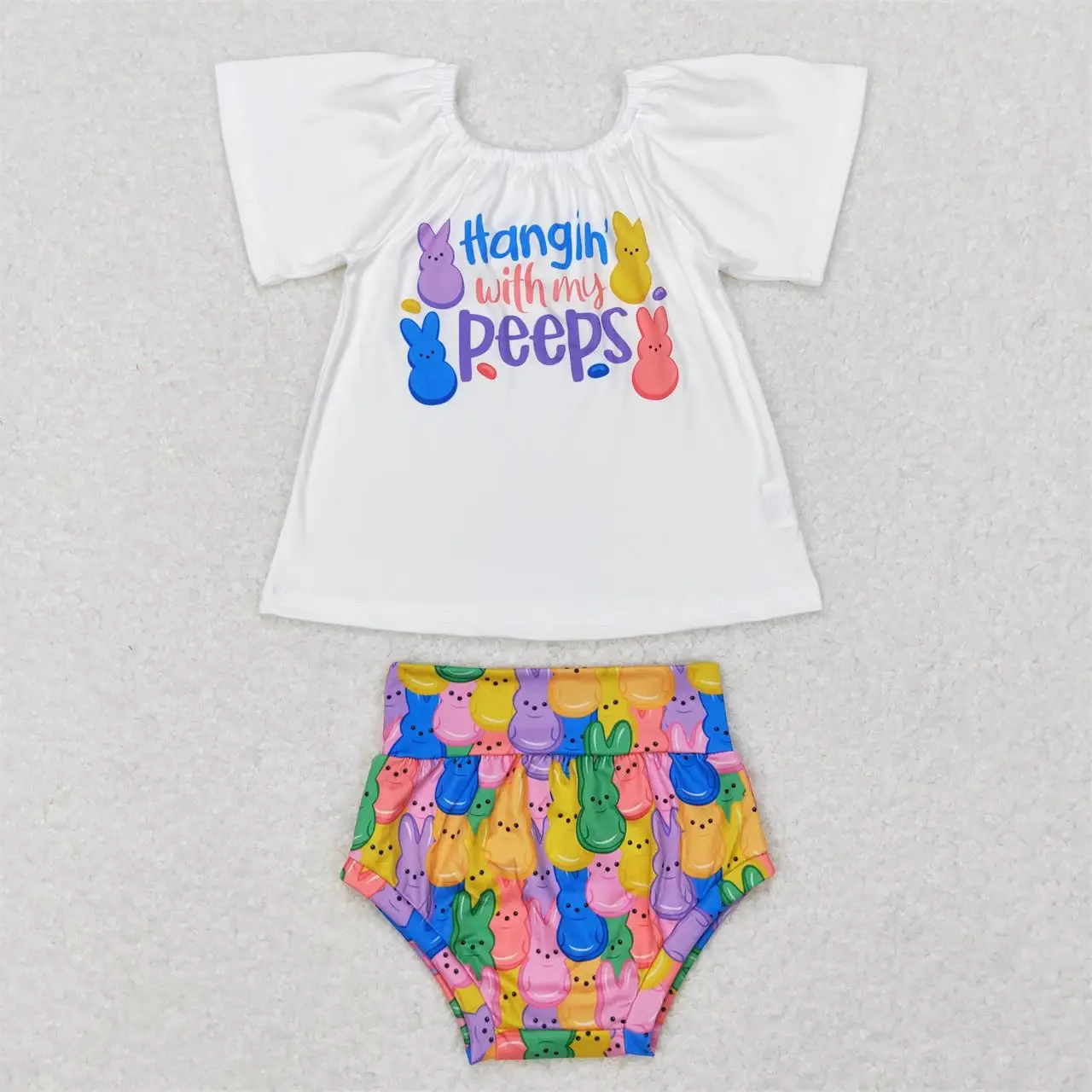 

Wholesale Baby Girl Set Toddler Easter Rabbit Short Sleeve Tops Colorful Bummie Shorts Children Summer Newborn Two Pieces Outfit