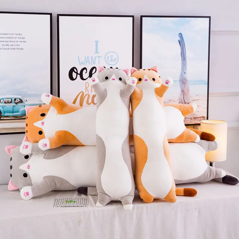 Long oreiller en peluche chat pour enfants, jouets Kawaii, grande taille, oreiller de sieste animal, doux, décor de sommeil de bureau, coussin en peluche beurre, cadeau pour enfants, 50-130cm