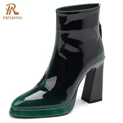 PRXDONG New 2024 Brand Patent Leather Autumn Winter Warm Ankle Boots Chunky High Heels Platform Green Dress Party Office Shoes
