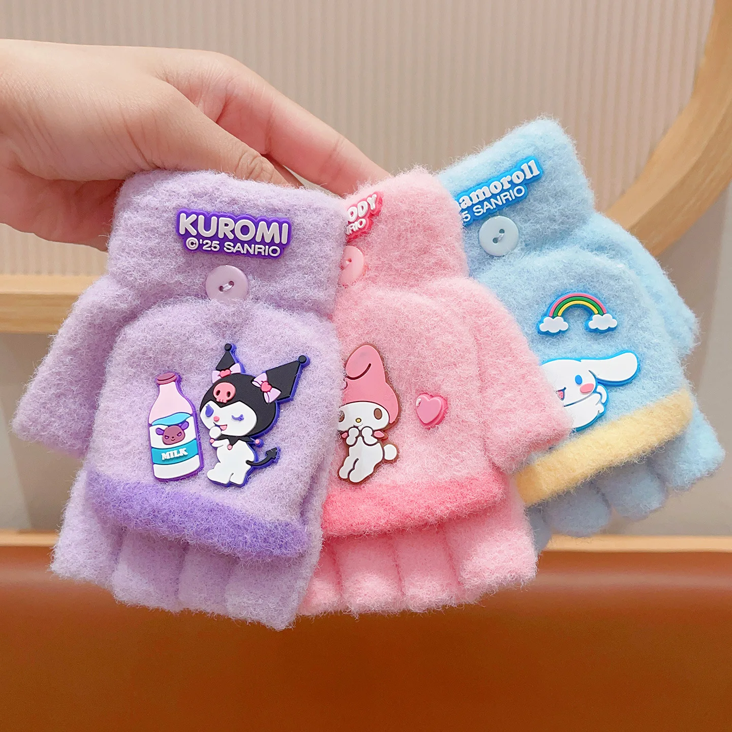 

Kawaii Sanrio Hello Kitty Kuromi Cinnamoroll Gloves Children's Thick Warm Five Finger Gloves Student Writing Girls Gifts Toys