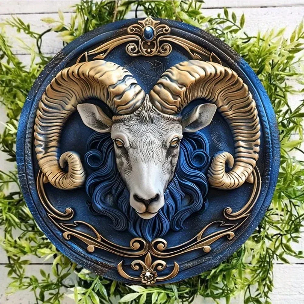 Aries Zodiac Ram Aluminum Wall Decor, Round Metal Sign Waterproof and Weather-Resistant Artwork Door Hanger or Wreath Decoration