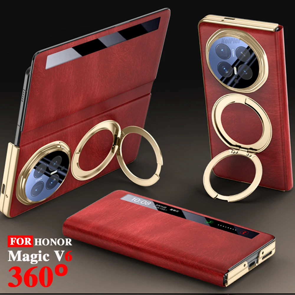 

Luxury Leather Flip Case for Honor Magic V6 Compatible with MagSafe Rotating Ring Holder Smart View Window Shockproof Phone Capa
