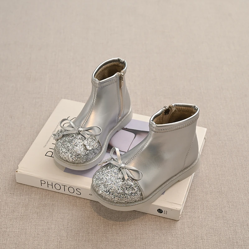 Girls Ankle Boots Children Crystal Princess Shoes Anti-slippery Fashion Kids Short Leather Boots Butterfly-knot Winter Warm