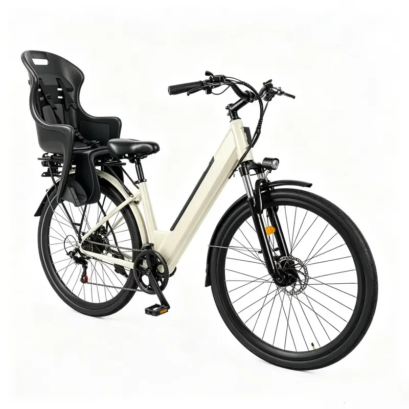 36V 10.5Ah Electric City Bike Steel Frame Hybrid E Bicycle for Women with Rear Child Seat Carrier Urban Commuter Cycling