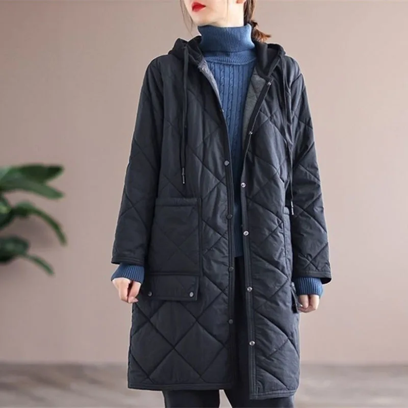 2024 Diamond Plaid Cotton Coat Women Loose Plus Size Casual Long Cotton-Padded Jacket Female Fashion Hooded Overcoat Outwear