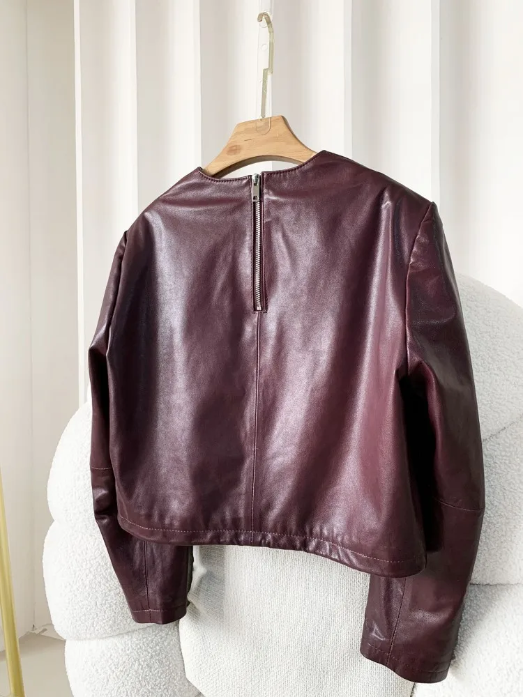 Fashion Lady Pullover Short Style O Neck Sheepskin Genuine Leather Jacket Motorcycle Biker Windproof Coat Loose Fit Punk Jackets