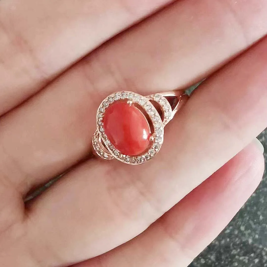 FS 7*9mm Natural Red Coral/Opal Fashion Ring for Women Real S925 Sterling Silver Fine Weddings Jewelry With Certificate MeiBaPJ