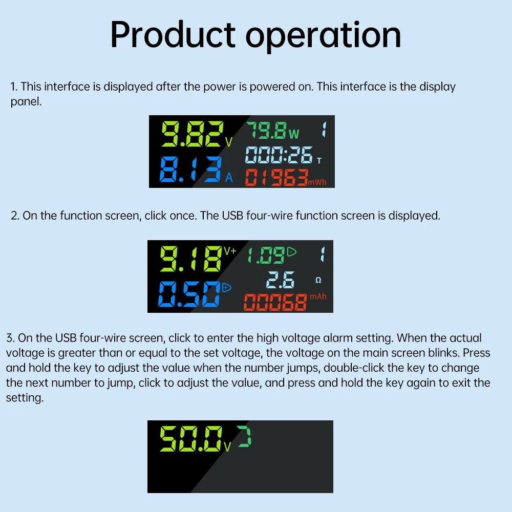 Multi Functional Type-C Voltage Current Power Meter Temperature Timer Color Screen Digital Display Capacity Impedance Tester