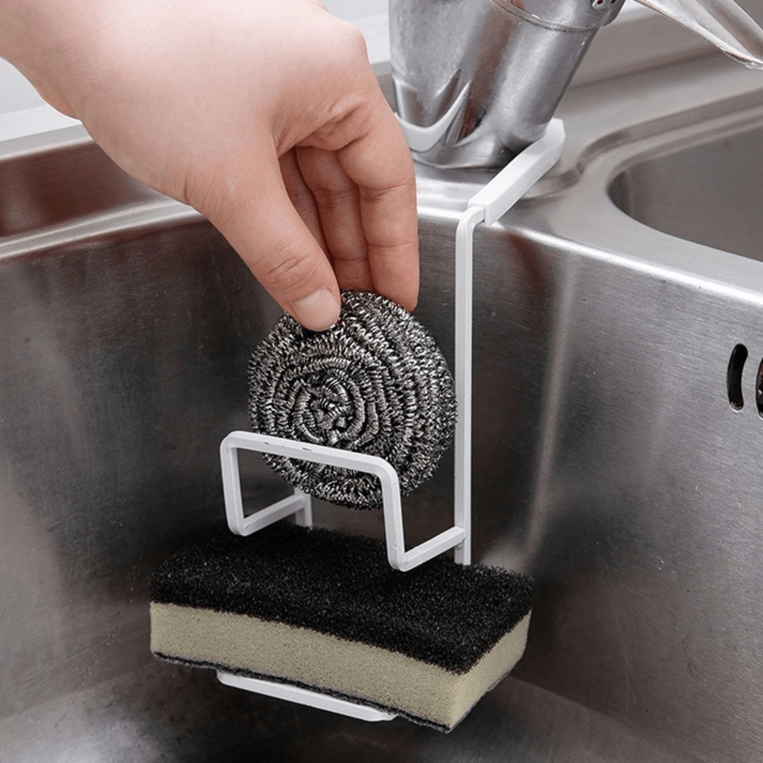 

Stainless Steel Kitchen Sink Organizer Rack for Sponge and Soap – Metal Faucet Caddy Hanging Holder with Adjustable Strap for