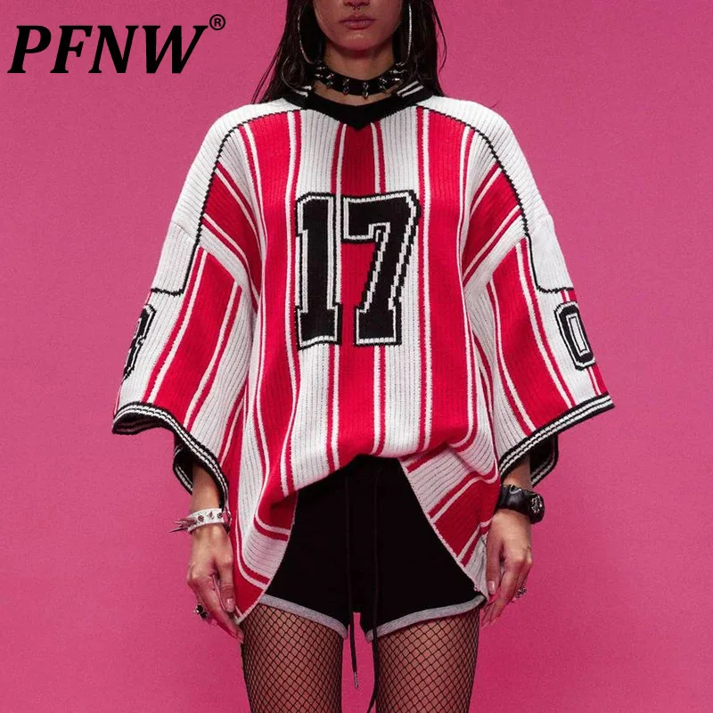 PFNW Men's 2024 New American Baseball Sports Knitted Sweater High Street Half Sleeve Striped Design V-neck Tops Trendy 28W5227