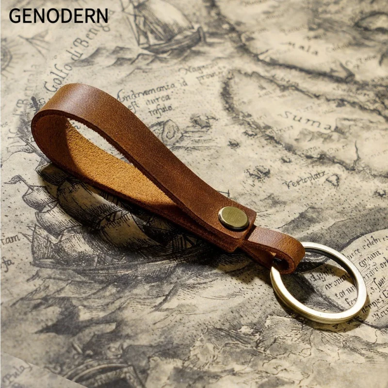 100% Genuine Leather Car Key Holder Vintage Cowhide Men Housekeeper Key Chain with Metal Ring Hook Small Gift