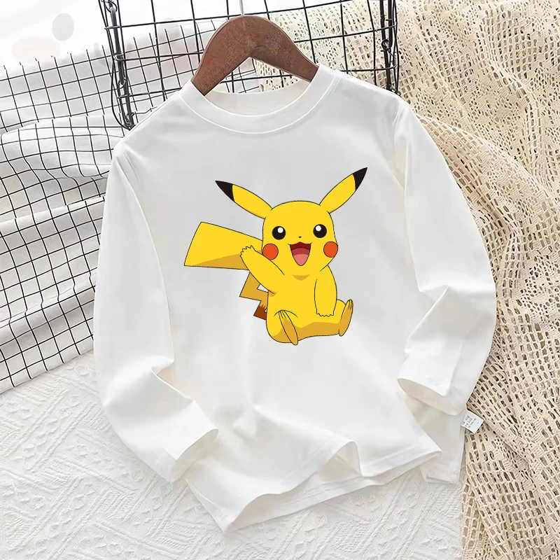 Pokemon Kids Long Sleeve T-Shirt Pikachu Charmander Print Child Clothing Anime Boys Casual Warm Top Cartoon Loose Pullover Gifts