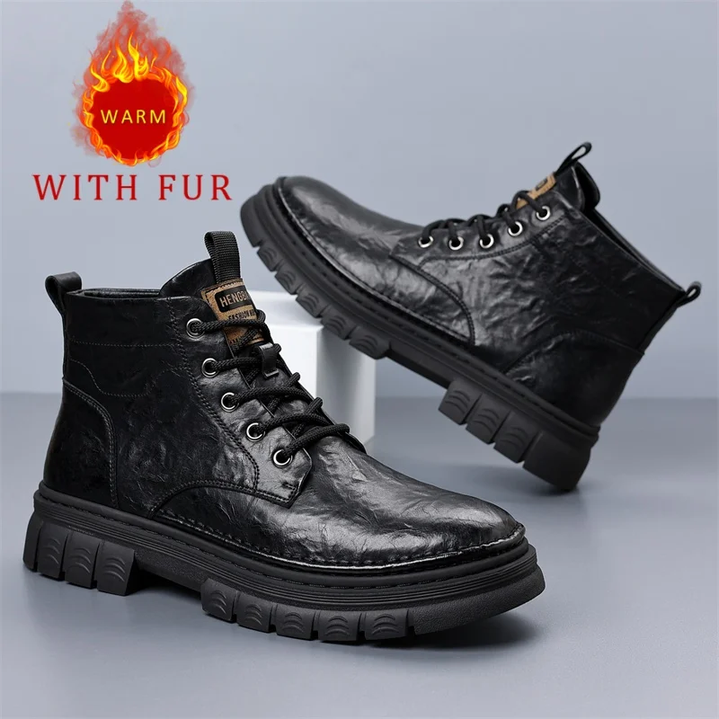 

Men's autumn and winter boots high-quality British style Outdoor street warm high top leather shoes Luxury adult Black brown