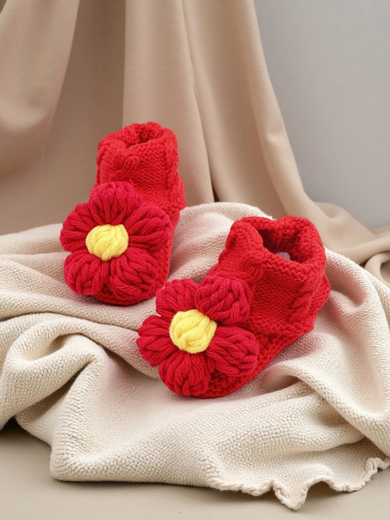 

1 Pair Handmade Knit Baby Booties with Flower Design, Red and Yellow Knitted Winter Slippers, Soft Cozy Indoor Footwear for Infa