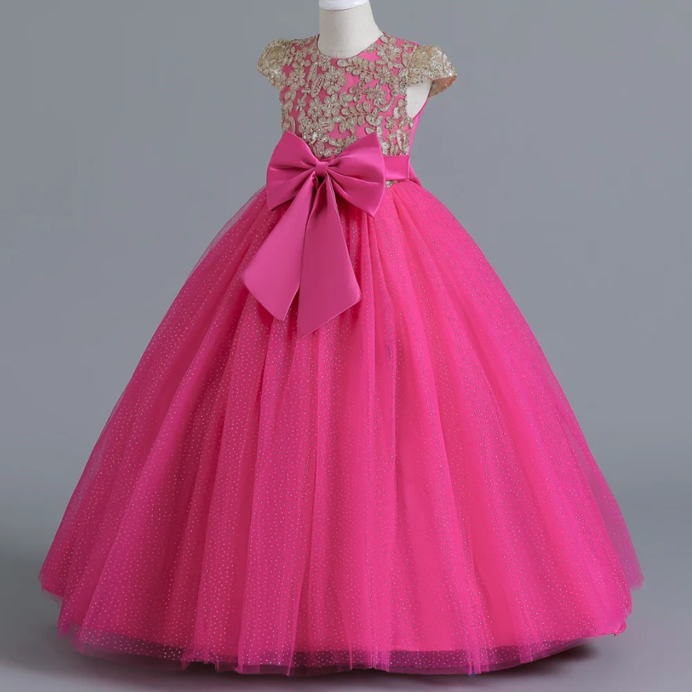 Vestido de casamento feminino princesa arco longo, vestido de noite infantil, performance de piano, anfitrião, Natal, novo