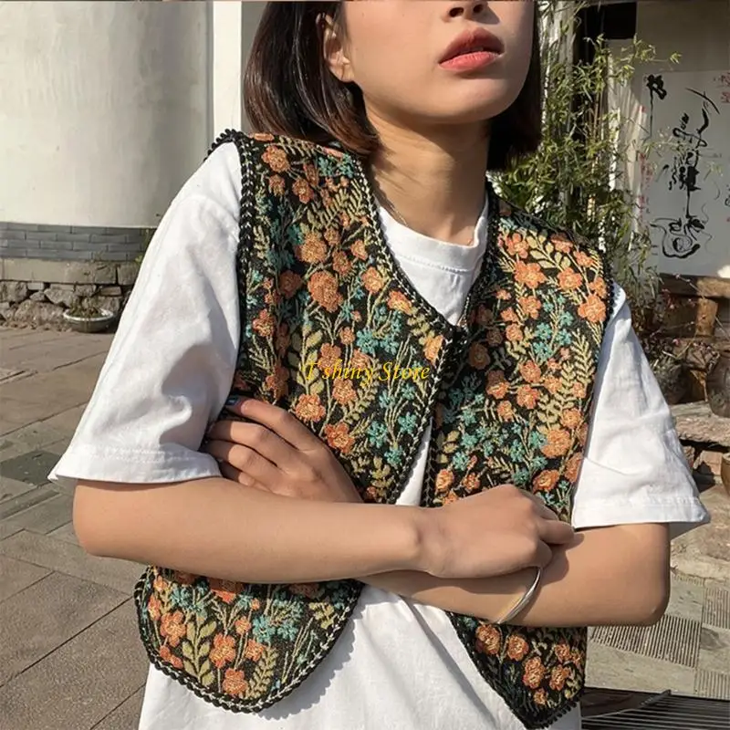 N58F Vintage Floral Embroidery Printed Cardigan Vest Womens Elegant Sleeveless Tops