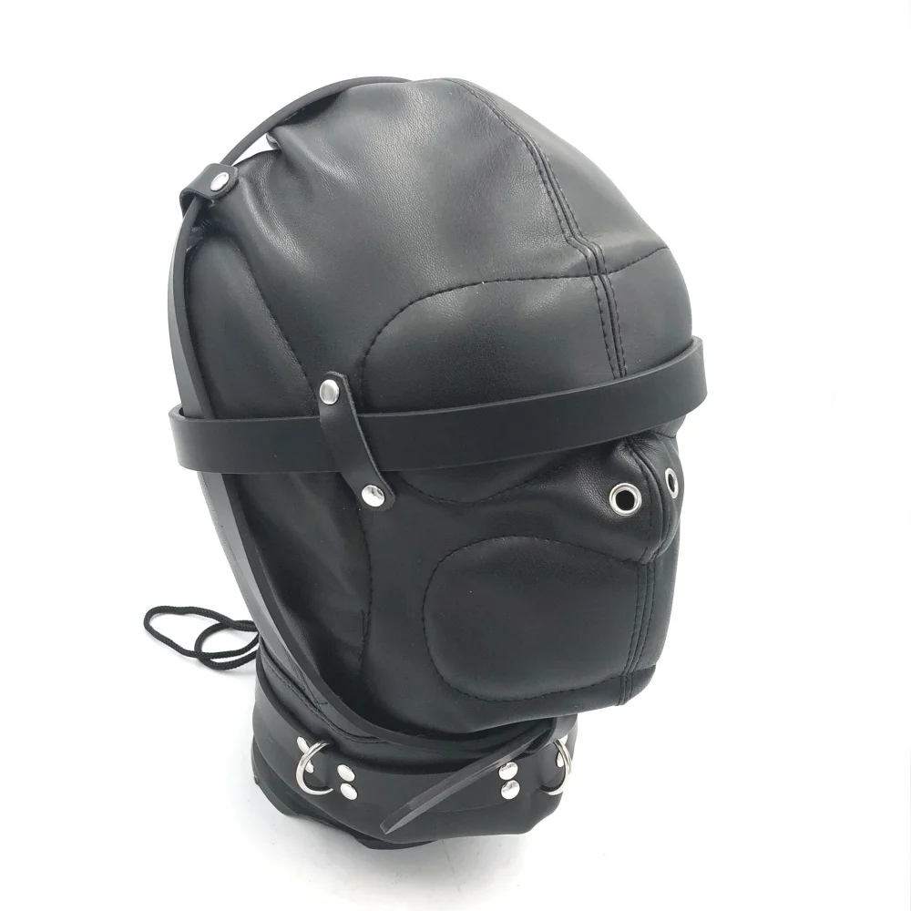 Gothic Soft Leather Open Nose Head Cover Adjustable Lace Up Hood Headgear Full Face Hat Blindfold Breathable Couple Cosplay Prop
