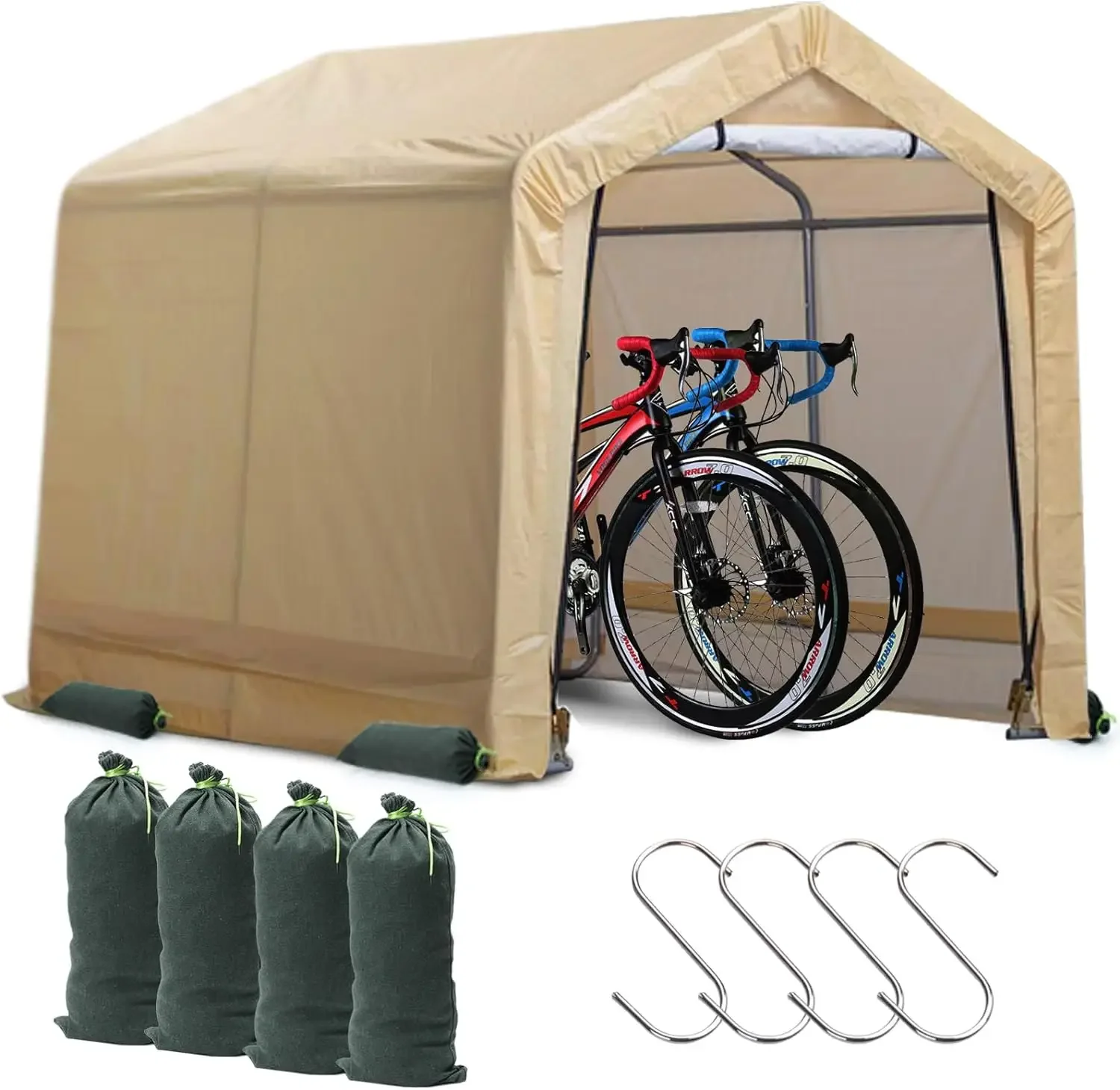 Weather Fast 6x6 Ft Heavy Duty Outdoor Storage Shed Shelter with Roll-up Zipper Door S-Hooks and Sandbags, Waterproof and UV Res