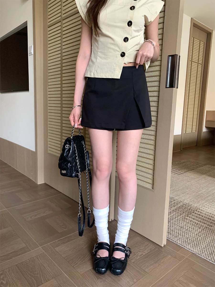 

Черные асимметричные укороченные повседневные брюки с высокой талией для женщин невысокого роста, летние, прямого кроя, в повседневном стиле