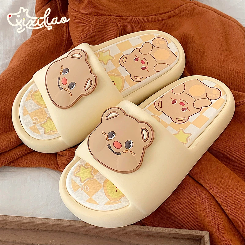 XIXITIAO Bathroom Slippers For Women Fashion Cartoon Cute Bear Color Blocking Soft Non-slip Platform Home Couple Shoes Sandals