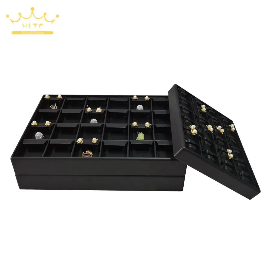 Jewelry Exhibitor Ear Studs Rings Storage Case High Quality Black Leather Tray Large Capacity Earrings Display Organizer