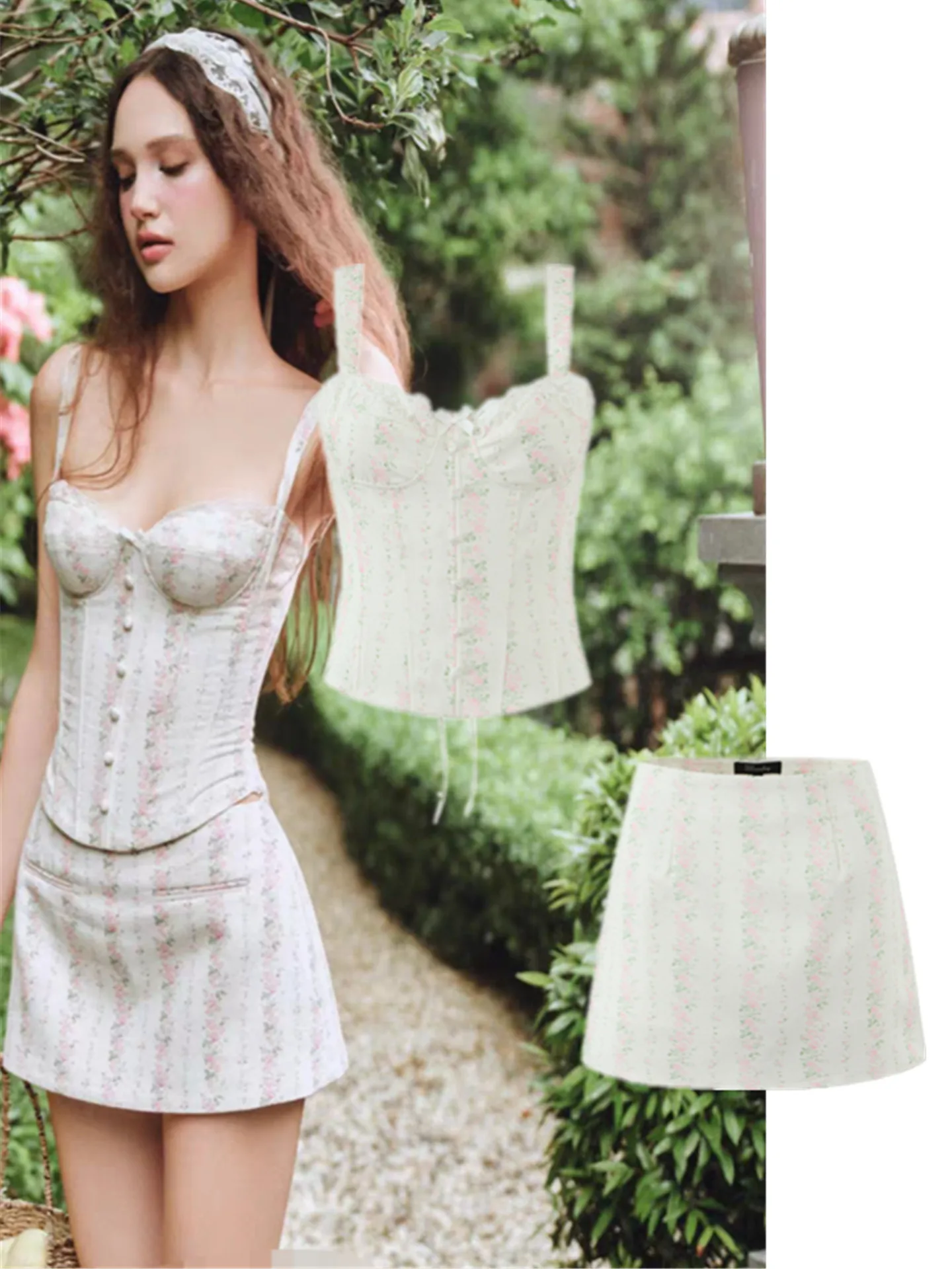 

Ретро-комплект для девушек: утягивающий топ на бретельках с цветочным принтом и юбка с высокой талией. Дышащая повседневная спортивная одежда.