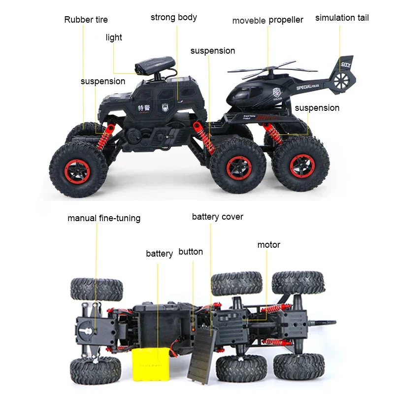 جديد قوي راديو التحكم على الطرق الوعرة سيارة/شاحنة لعبة 6 عجلات RC سيارة مع هليكوبتر عالية السرعة حيلة لعب للأطفال والأطفال