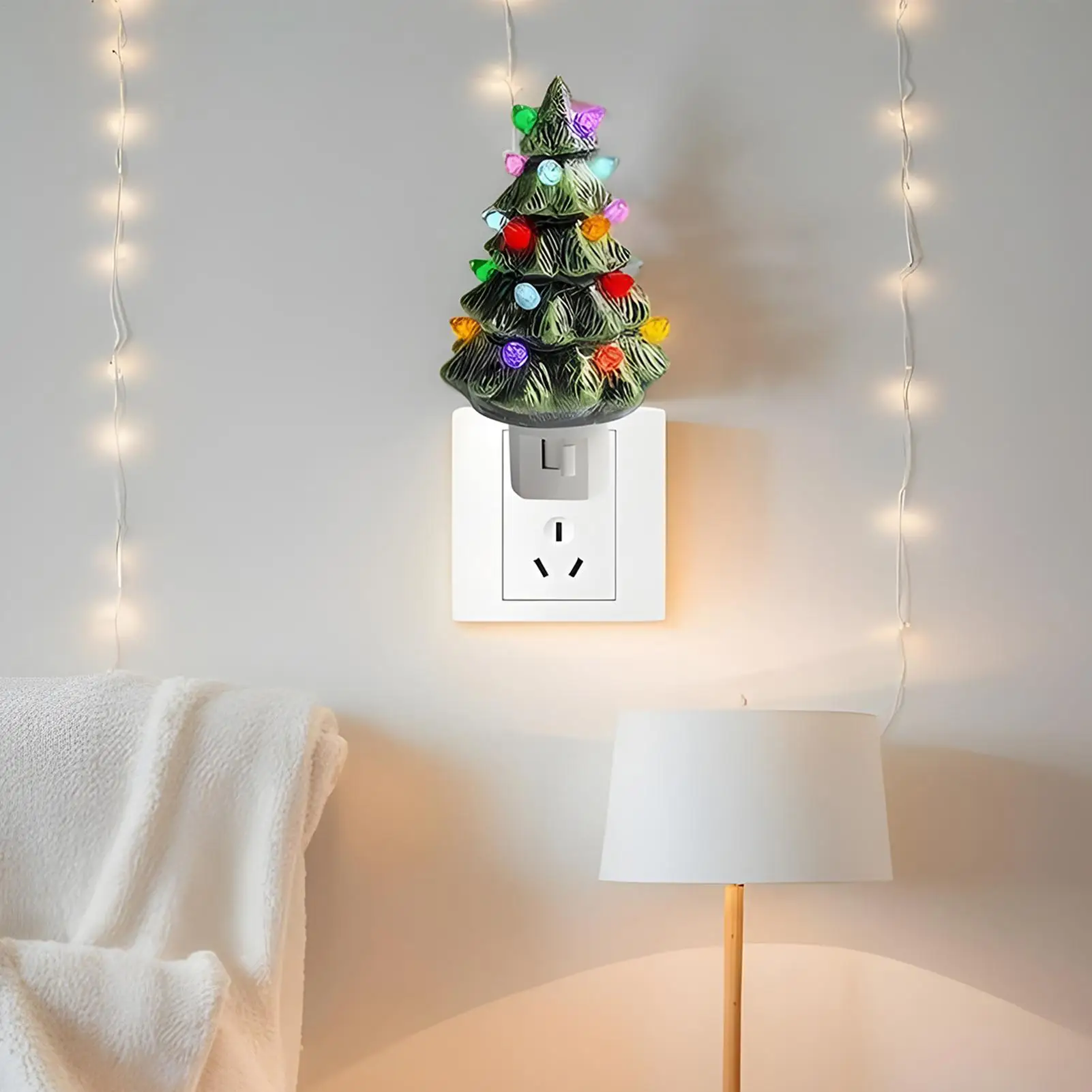 Christmas Night Light Vintage Resin Festive Figurine Christmas Tree Plug in Light Wall Decor for Bedroom Living Room Nursery