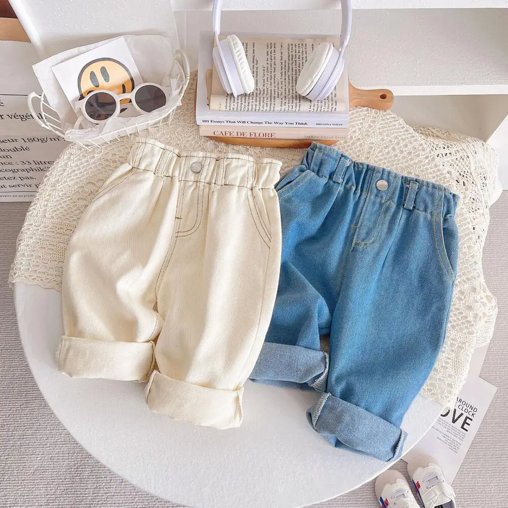 

Korean Style Kids Jeans High Waist Soft Denim Pants Solid Color Casual Trousers for Baby Girls Boys Autumn Comfortable