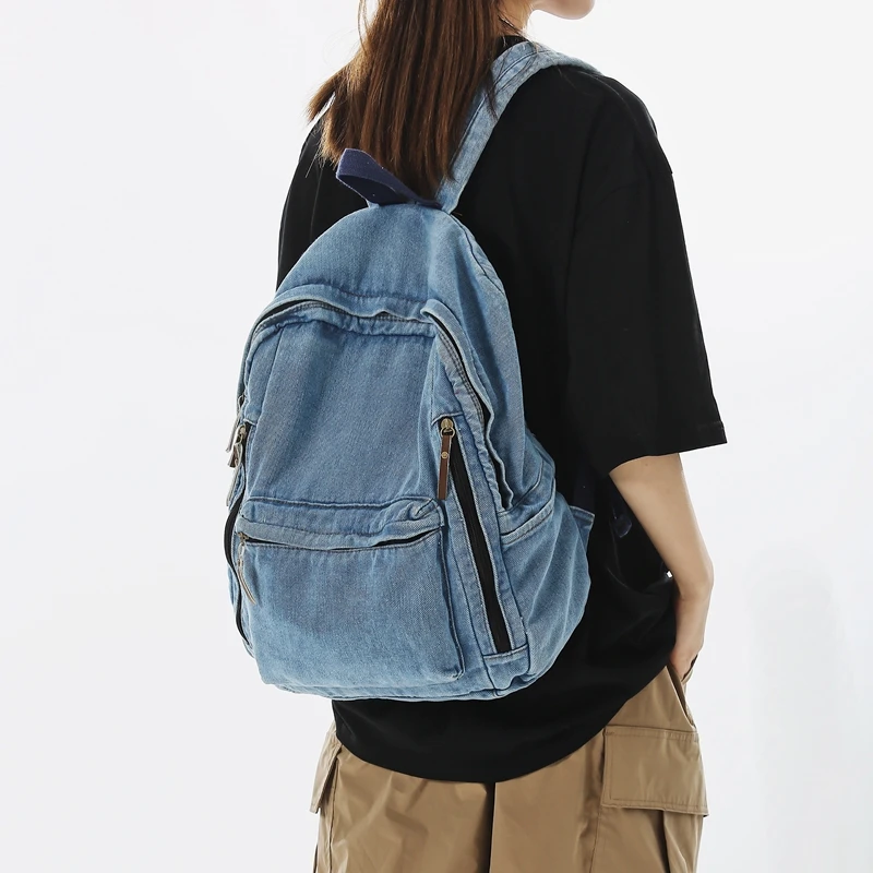 Fashion Multi Pocket Women Backpack Vintage Washed Denim Female School Backpack Men Leisure Trendy Cool Student Travel Book Bag