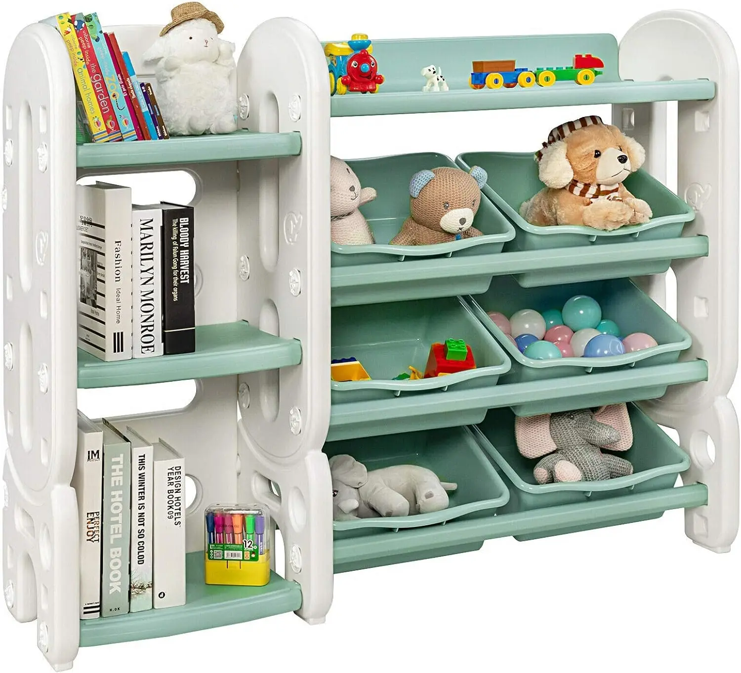 Kids Bookshelf with Toy Organizers and Storage, Multi-Purpose 4-Tier Shelf & 6 Removable Plastic Bins to Organize Books Toys