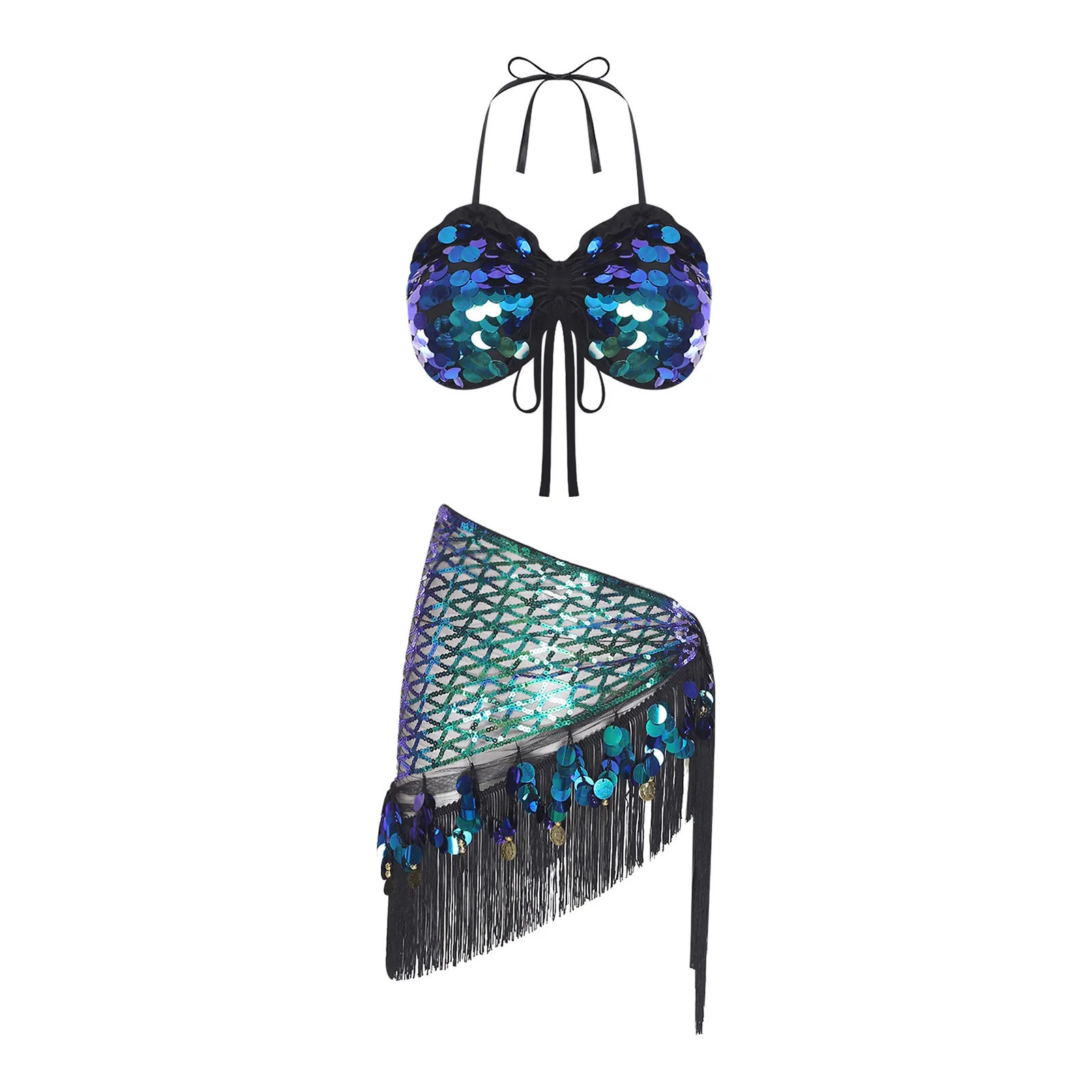 

Женские комплекты из двух предметов для танца живота, укороченный топ и набедренный шарф с кисточками, поясная цепочка, набедренная повязка для занятий сцены, танцевальные комплекты