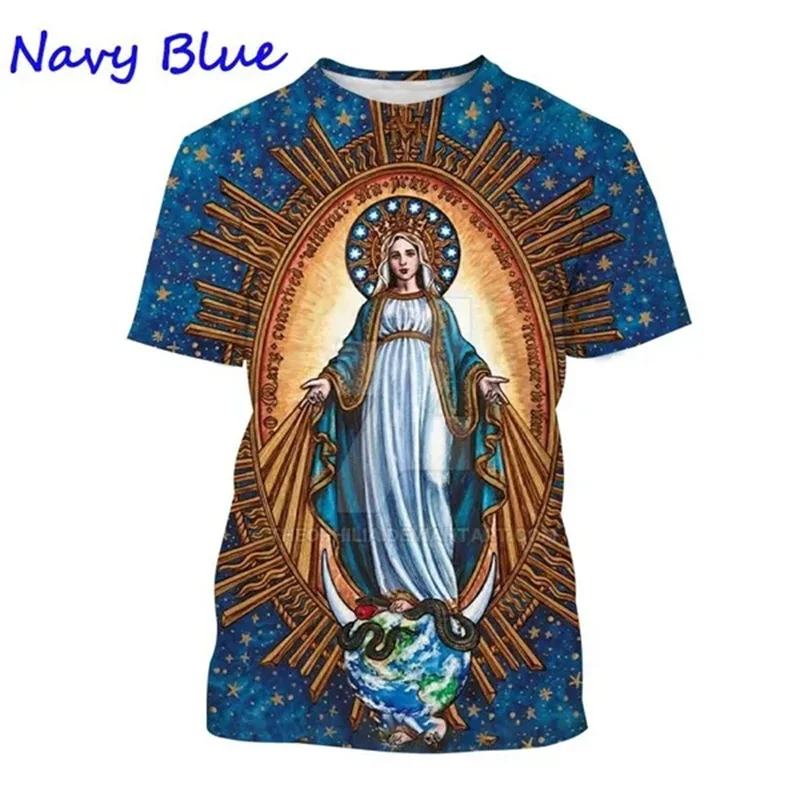 Virgin Mary T Shirt Goddess of Mercy 3D Print T-Shirt Christian Blessed Jesus God Tee Shirts Womens Clothing Unisex Short Sleeve