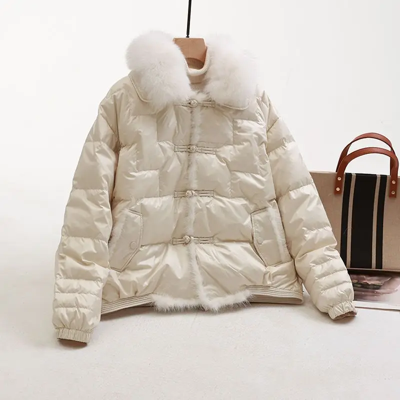 2023 Winter New White Duck Down Large Collar Down Coat Women\'s Large Size Mink Short Waterproof Thickened Coat Tide Winter