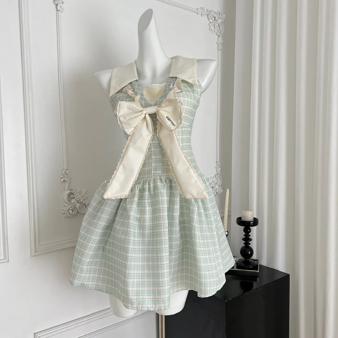 Vestido mullido de princesa de talla grande para niña, minivestido sin mangas con cuello Halter y agradable arco, estampado a cuadros, cintura delgada, sin mangas