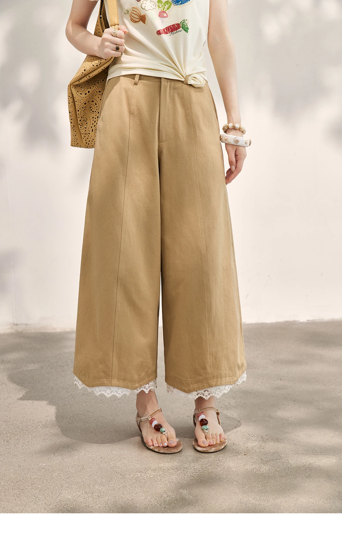 MISHOW Khaki High Waisted Wide Leg Cropped Pants For Women 2026 Summer Lace Trimmed Hem Retro Casual Loose Pants MXF24K1294