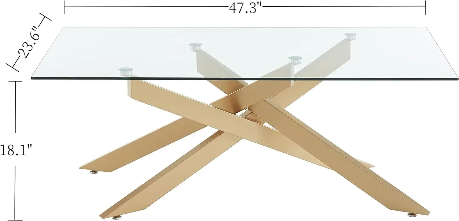 Rectangle Modern Coffee Table, Tempered Glass Top and Metal Tubular Leg, 47.3”Lx23.6”Wx18.1”H, Gold