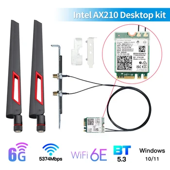 Tri Band Cartão Wi-Fi sem fio com Kit de Antena, WI-FI 6E, Intel AX210, Bluetooth 5.3, 5374Mbps, M.2, AX210NGW, 2.4Ghz, 5G, 6G, 802.11ax, Win11