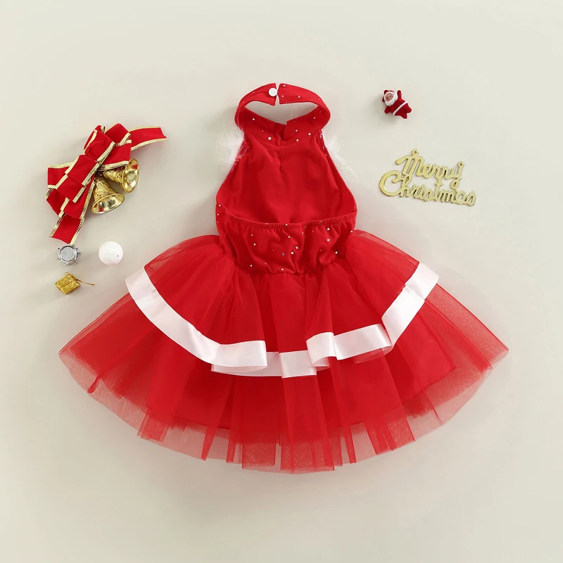 Kids Girls Christmas Dress Sleeveless Halterneck Sequined Tulle Princess Xmas Dress Costume