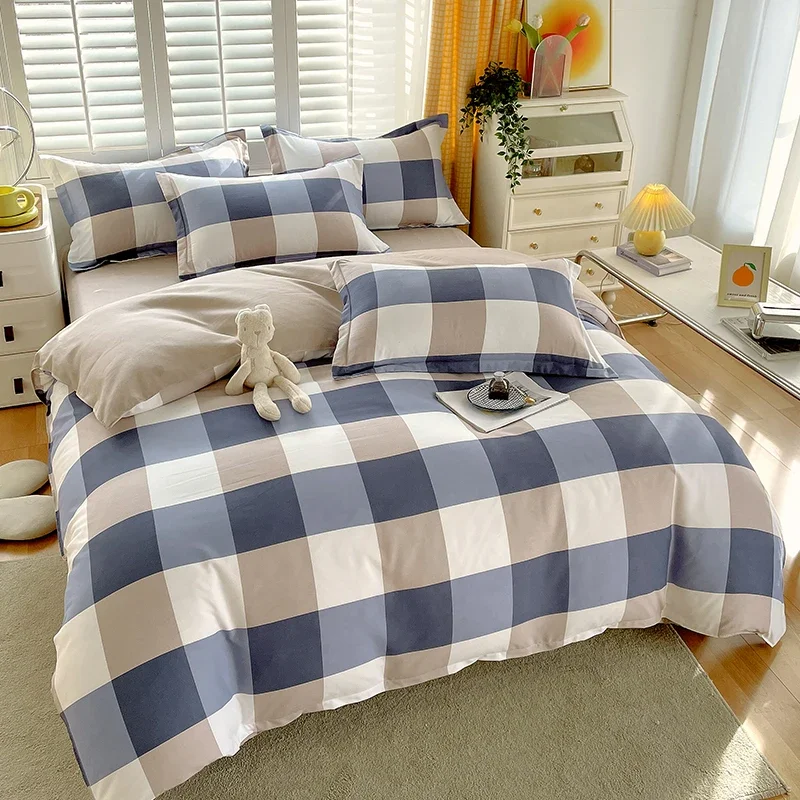 Plant Thickened Three Four Piece Bed Sheet Set Blue And White Large Grid