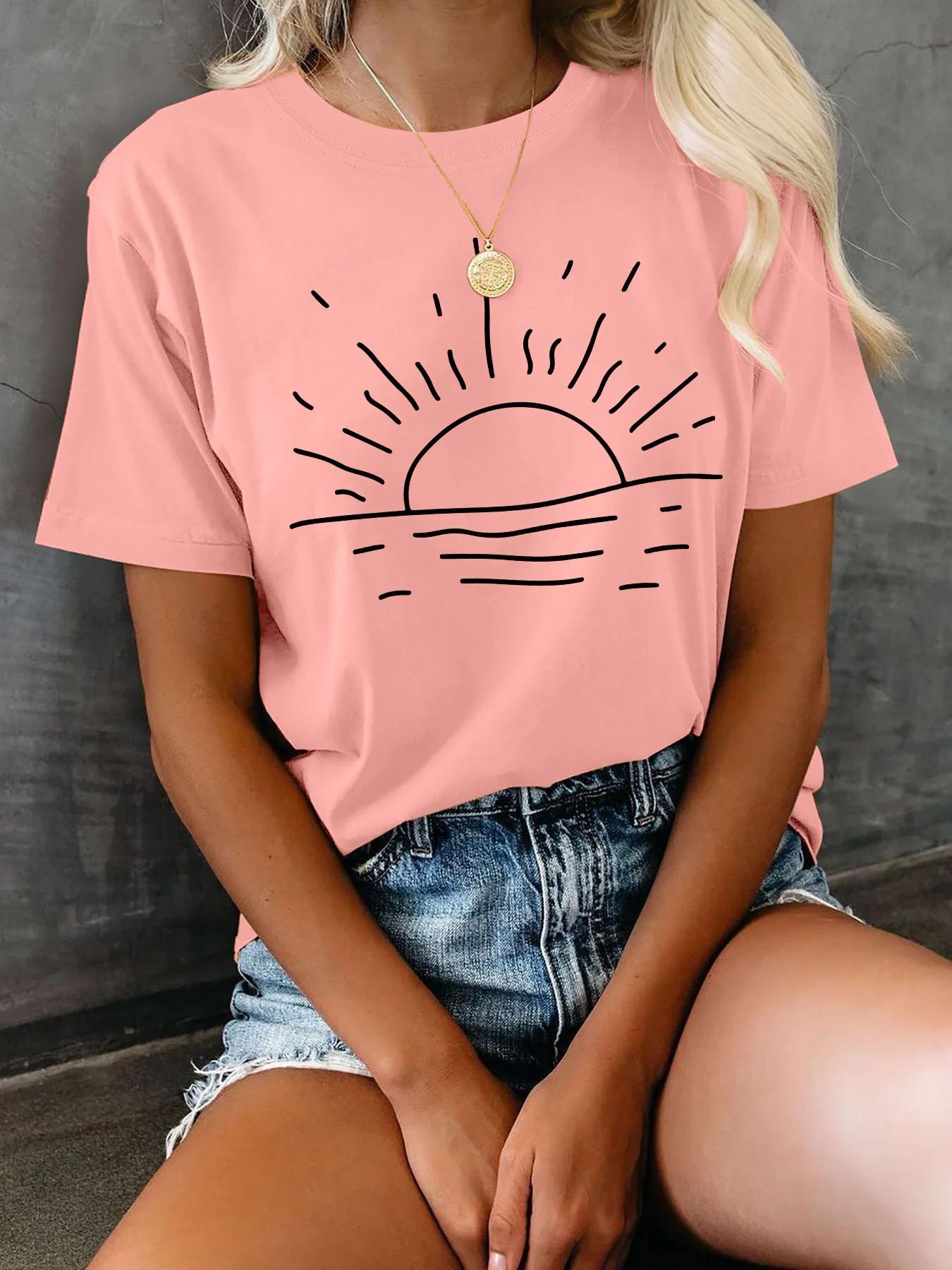 

Sun & Waves Print T-shirt Women's Harajuku Short Sleeve Casual Women's T-shirt Clothing Street Tops Tees Aesthetic Clothes