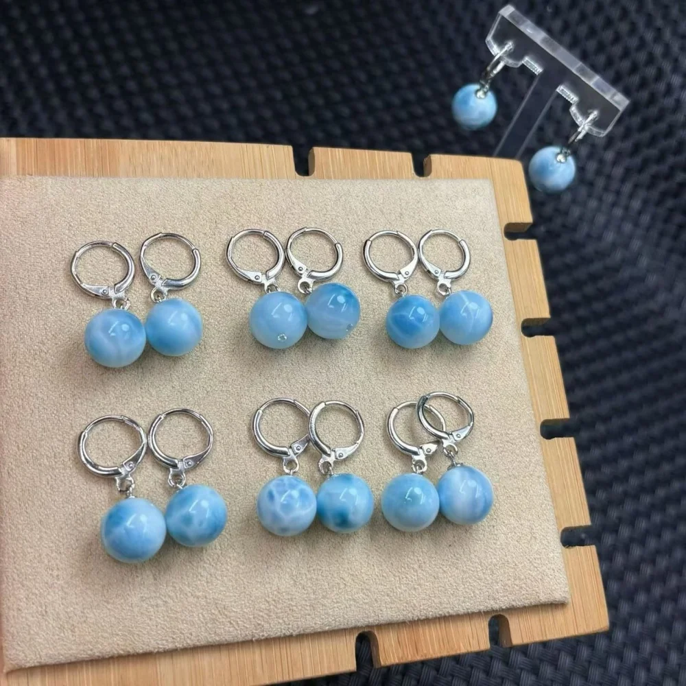 S925 Natural Larimar Sphere Eardrop Earring Delicate Simple Paved Ear Stud Fashion Crystal Women Gemstone Jewelry Gift 1pair