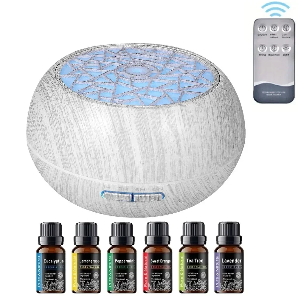

Family Sized 550ml Ultrasonic Diffuser Wood Grain Design, Remote Operation, 7 LED Mood Lights 6 Essential Oils for Home Wellne
