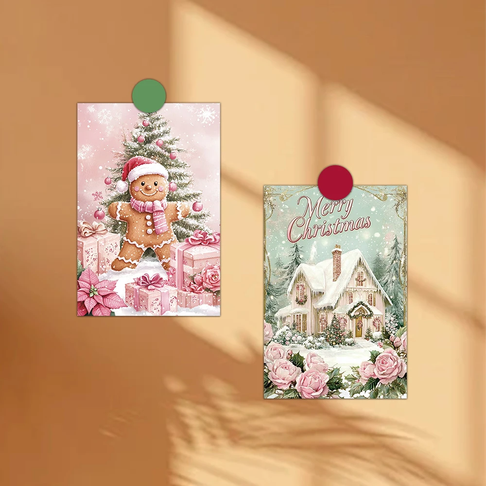 10 قطعة بطاقات عيد الميلاد الوردية الرجعية مهرجان الشتاء الأيائل ملصقات جدار الملصقات البطاقات البريدية غرفة الزينة