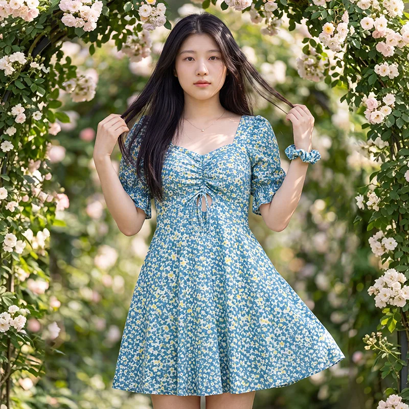 sexy oversize flower floral print short puff sleeve mini dress bikinis sets 3pcs with shorts hair flower sweet swimsuits biquini