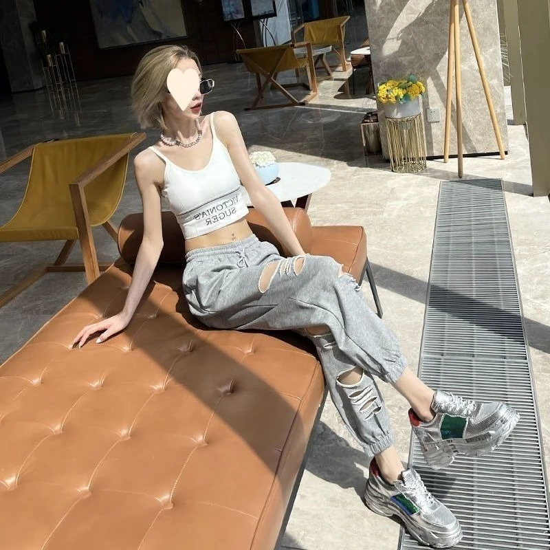 Sporty Women's High-Waist Torn Harem Pants for Petite Slimming Casual Lightweight Sweatpants Spring Summer Autumn Cuffed Joggers