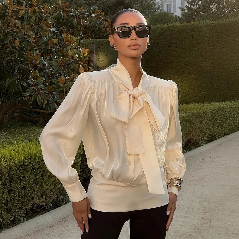 2026 Spring Summer New Fashion Bow Tie Ribbon Blouse Satin Puff Sleeve Temperament Commute Women Top