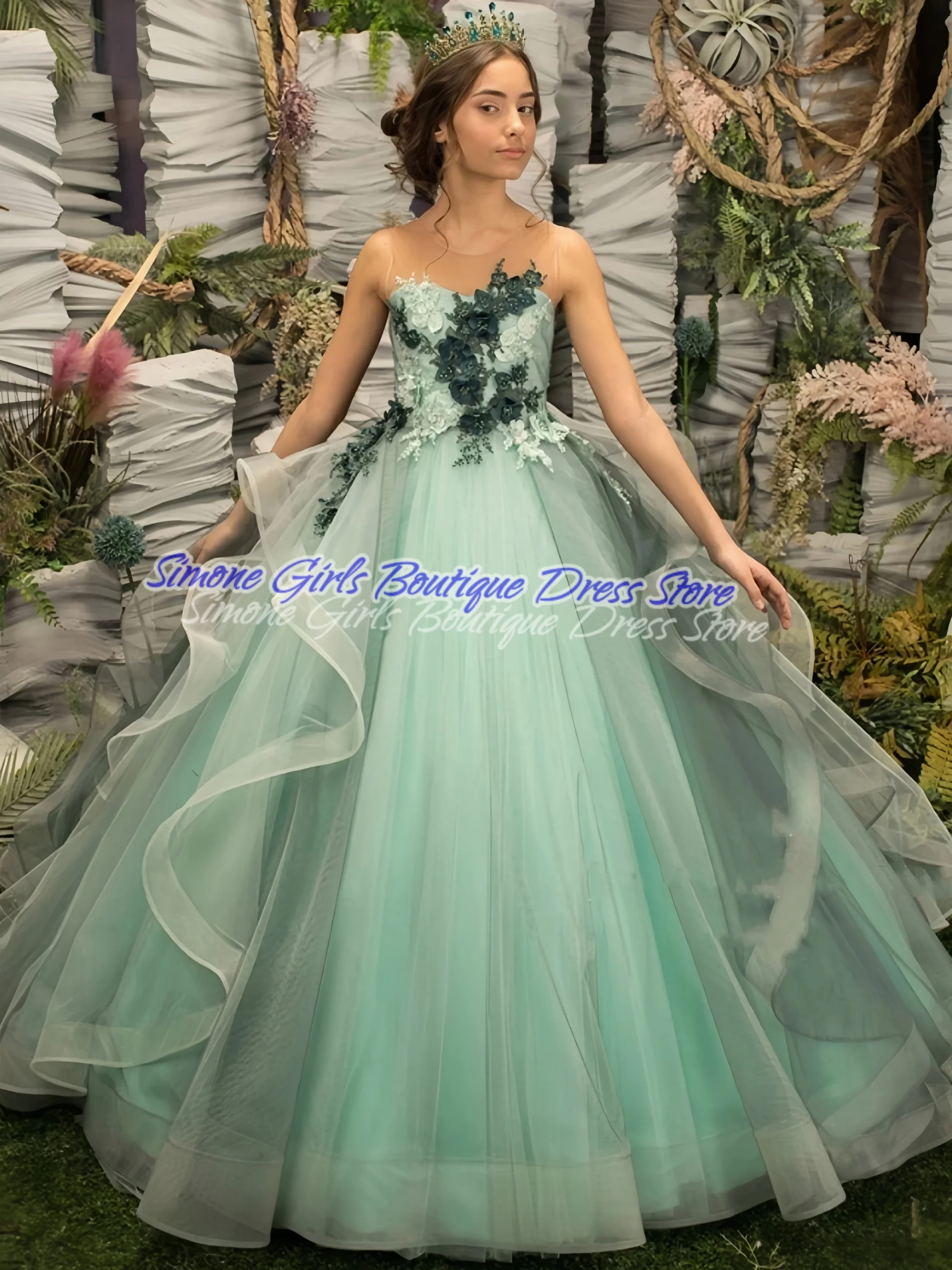 

Green Ball Gown Flower Girl Dresses Wedding Party Appliques Beads Flowers Princess Birthday Pageant Robe De Demoiselle