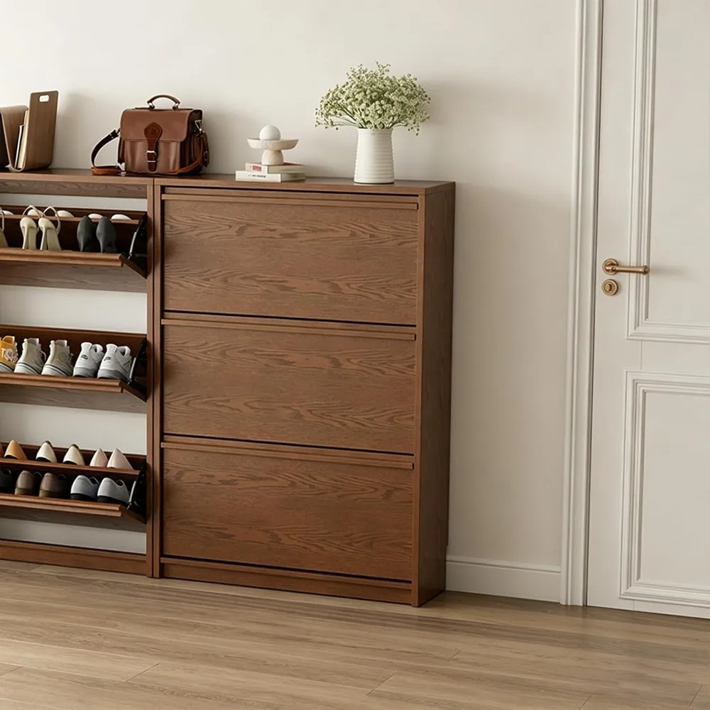 

Three Drawer Pull Out Solid Wood Shoe Cabinet Slim Concealed Storage for Entryway Bedroom Living Room