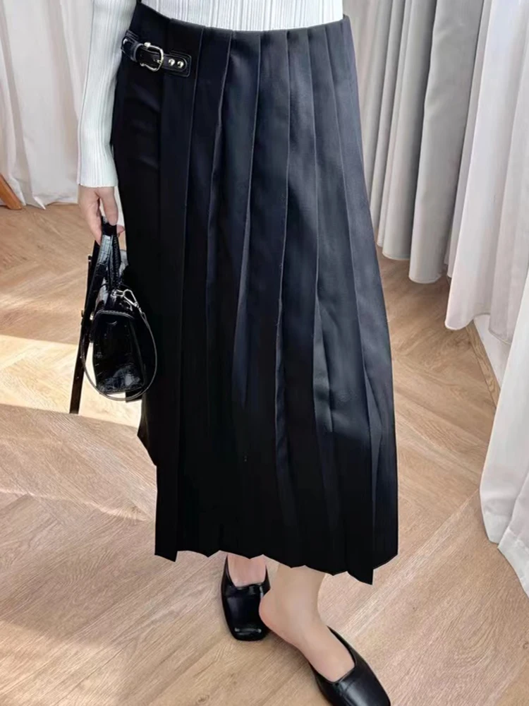 

2024 Autumn Winter New Fashion Black High Waist Midi Skirt Women Elegant Pleated Irregular two Piece Belt Buckle Jupe for Ladies